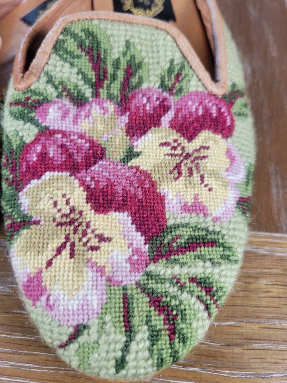 The Lawrence Collection Floral Needlepoint Belgian Style Leather Slipper Loafers - Picture 3 of 10